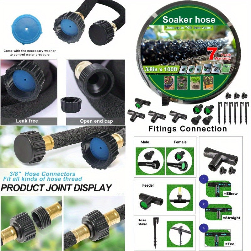 Heavy Duty 3" x 100ft Soaker Hose Kit with Reinforced Fittings - Durable Rubber Irrigation Hose for Garden, Flower Beds, Lawn & Plants - Includes Accessories for Easy Installation, Garden Hose, Lawn Care Equipment, Userfriendly Design, Highquality