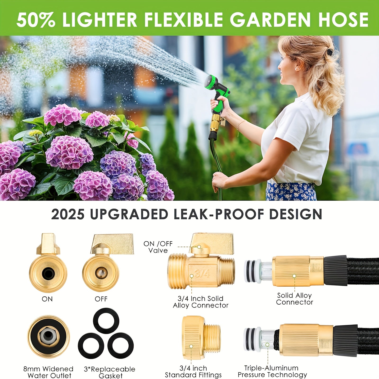 50 Foot Garden Hose with 10 Functional Nozzles, Equipped with Hooks And Storage Bags, Flexible And Durable, Lightweight And Non Knotting, Puncture Resistant Hose, Suitable for 50 Foot Rubber Water Hose In Yards, Lawns, Outdoors, And Camping Vehicles