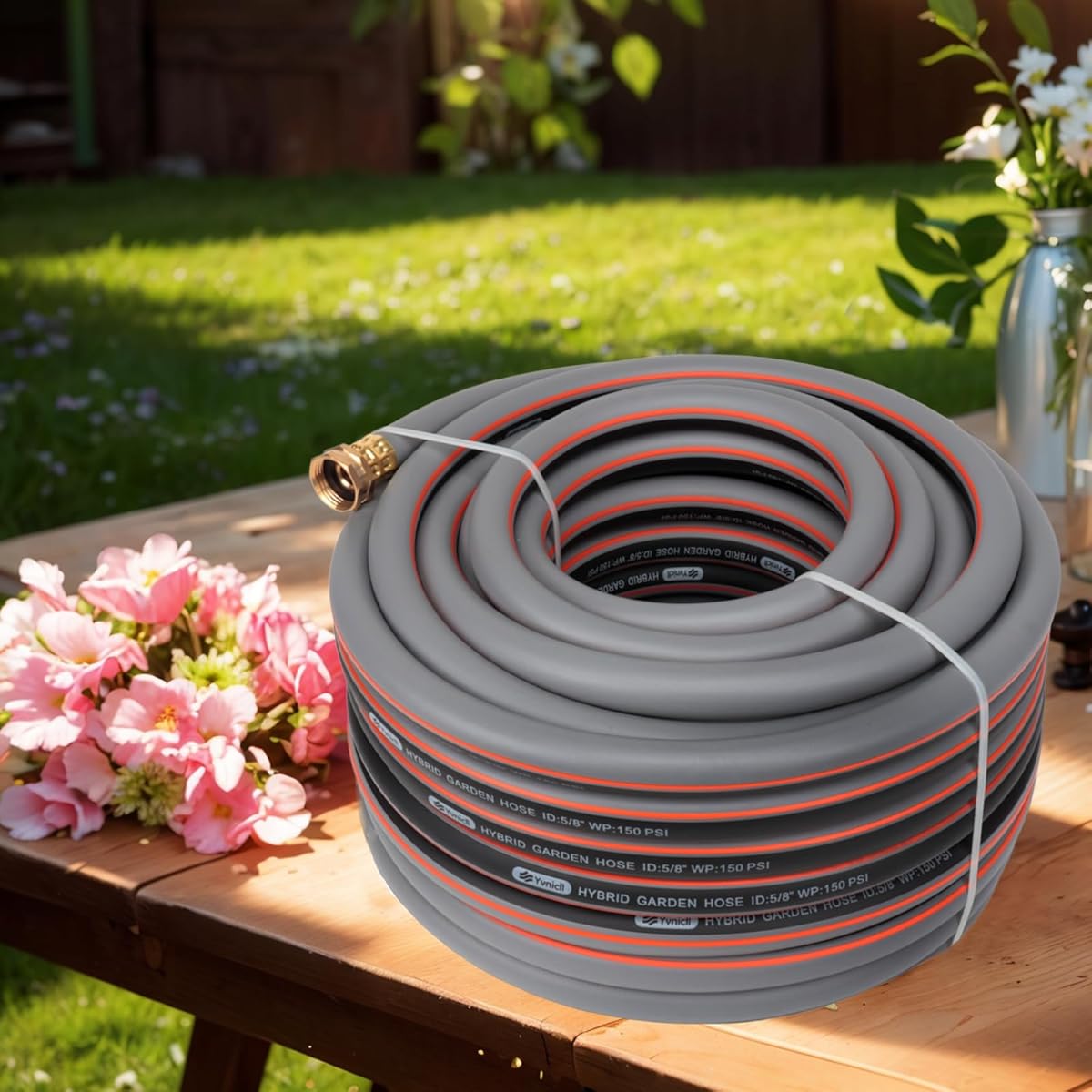 Garden Hose 25ft 5/ 8, Rubber Water Hose Heavy Duty, Hybrid Durable Flexible Hose, Lightweight No Kink Hose for Outdoor Yard Lawn with Sprayer Nozzle and 3/ 4' ' Brass Solid Fittings