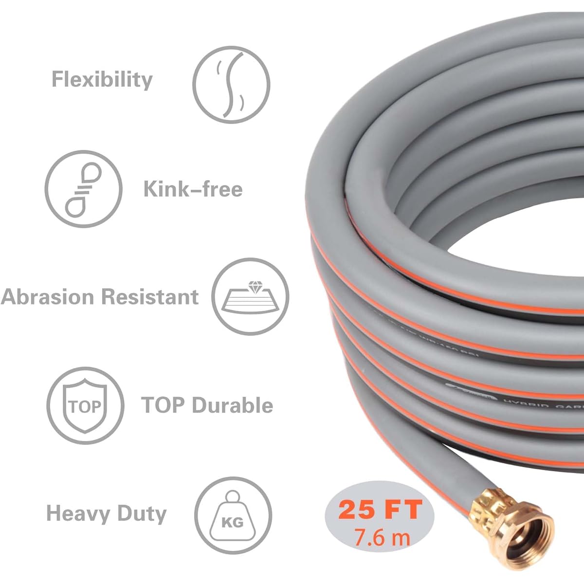 Garden Hose 25ft 5/ 8, Rubber Water Hose Heavy Duty, Hybrid Durable Flexible Hose, Lightweight No Kink Hose for Outdoor Yard Lawn with Sprayer Nozzle and 3/ 4' ' Brass Solid Fittings