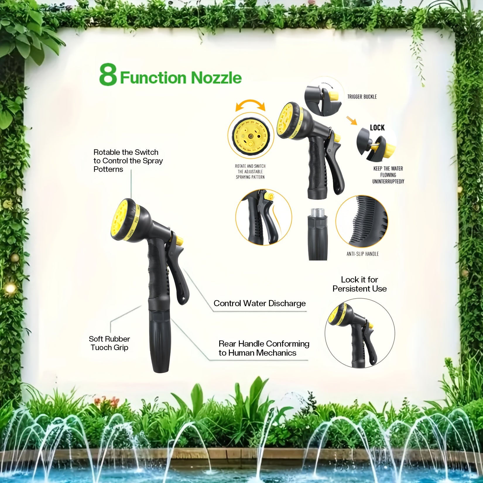 50ft Heavy-Duty High-Pressure Heavy-Duty Garden Hose with 8-in-1 Spray Gun & High Quality Inner Tube - Lightweight TPE Composite, Aluminum Connectors, All-in-One Nozzle (Rain, Shower, Mist, Flat Spray, Soaker, Rinse, Wash, Jet) - Leak-Proof,