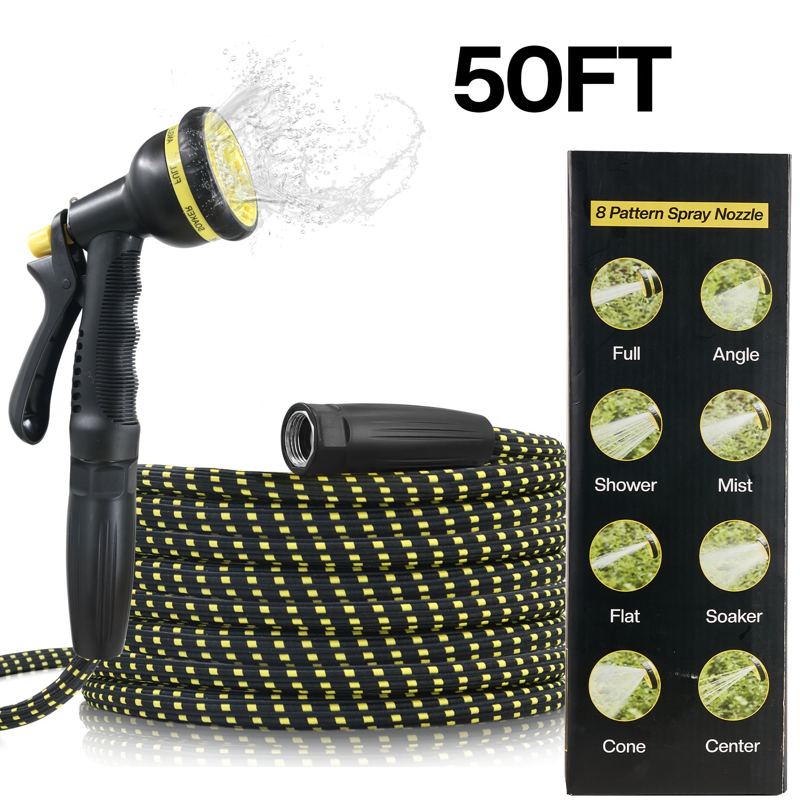50ft Heavy-Duty High-Pressure Heavy-Duty Garden Hose with 8-in-1 Spray Gun & High Quality Inner Tube - Lightweight TPE Composite, Aluminum Connectors, All-in-One Nozzle (Rain, Shower, Mist, Flat Spray, Soaker, Rinse, Wash, Jet) - Leak-Proof,