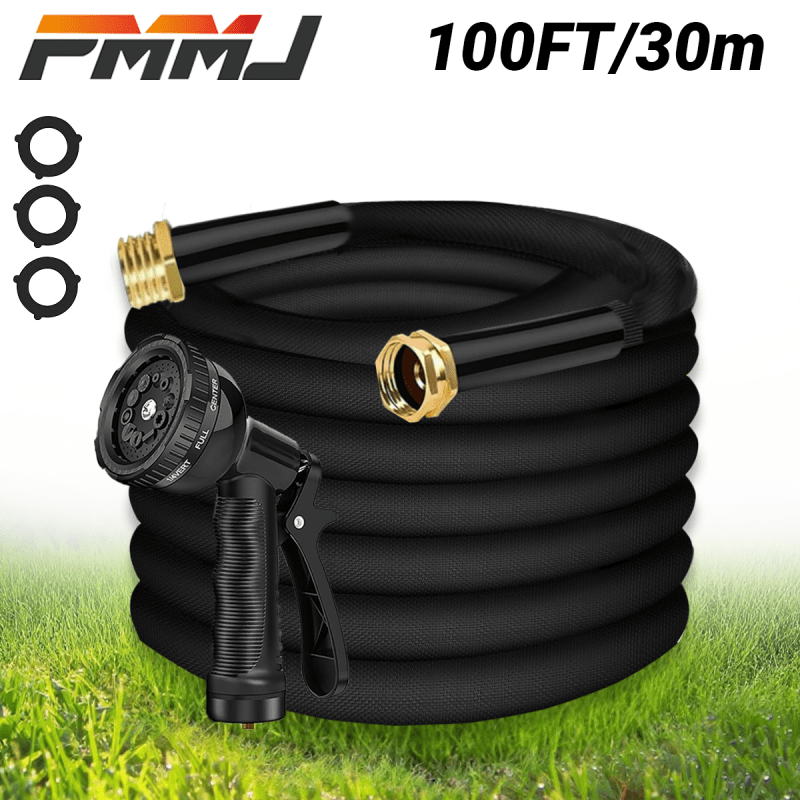 PMMJ 100foot Heavy Duty Garden Hose, Non-Extended, with High Pressure Sprinkler Fittings, Leak Proof Design, Durable Rubber Material, US Standard Thread- Ideal for Gardening, Cleaning, Forestry 100foot Kit