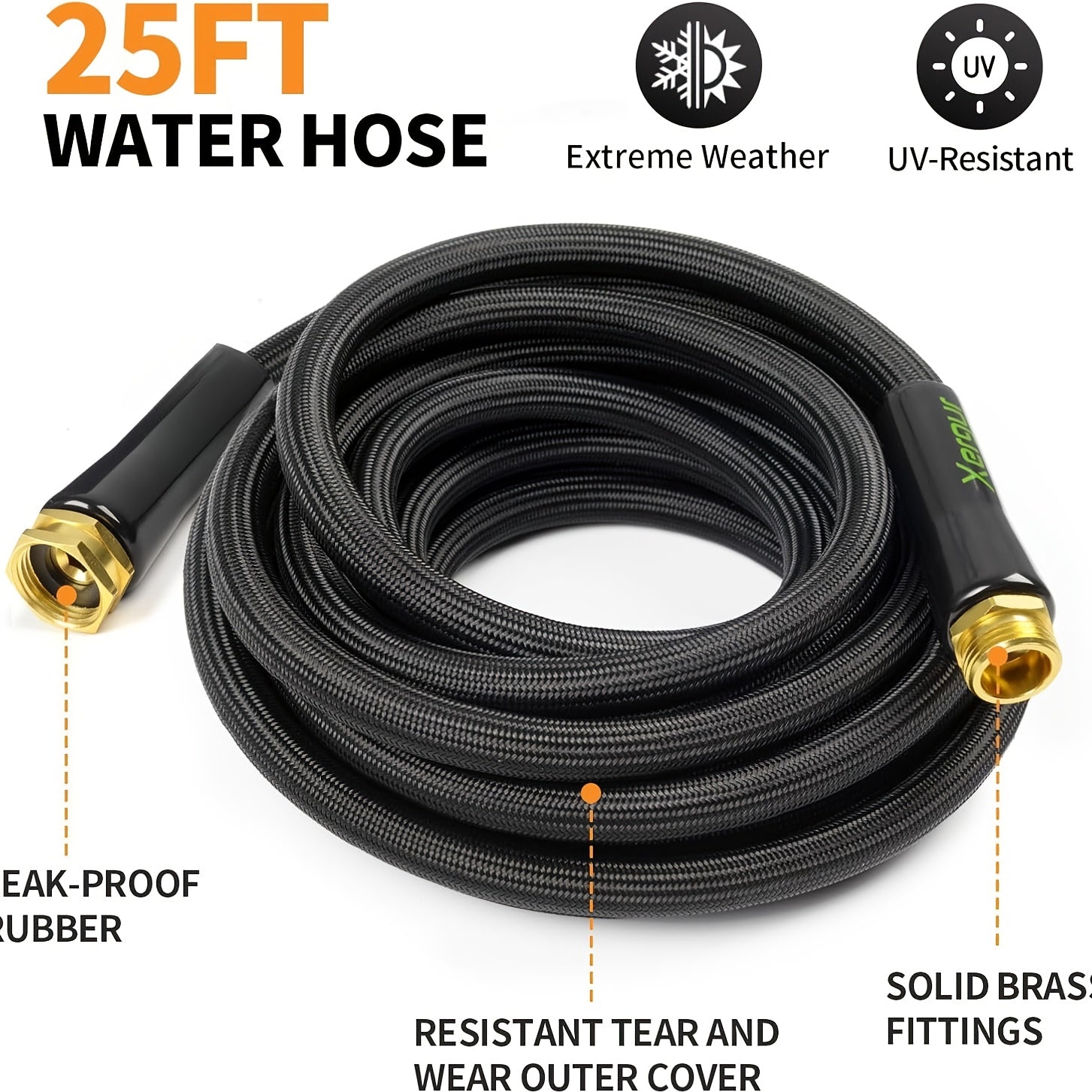 25ft Heavy-Duty Flexible Garden Hose with Solid Brass Fittings & Double Latex Core - Lightweight All-Season Outdoor Water Hose, 3/4" Diameter, UV-Resistant, Kink-Free, Portable Coilable Design for Patio, Car Washing, Pet Bathing, Lawn Care - US Standard