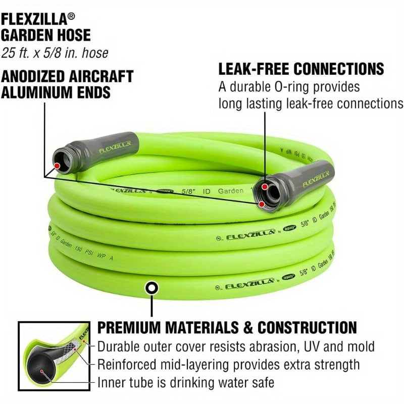 1 Pack Heavy Duty 58-Inch 25-Foot Garden Hose Kit with 6-Pattern Adjustable Nozzle - Lightweight, Drinking Safe, Leak-Proof US/EU Connectors, Durable Vinyl Construction for Lawn Care, Car Washing & Outdoor Cleaning - All-in-One 3pcs Nozzle Set (Flexible,