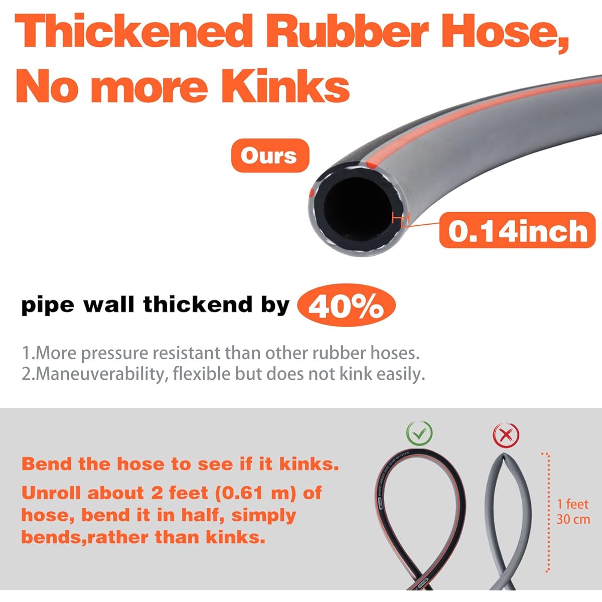 Garden Hose 25ft 5/ 8, Rubber Water Hose Heavy Duty, Hybrid Durable Flexible Hose, Lightweight No Kink Hose for Outdoor Yard Lawn with Sprayer Nozzle and 3/ 4' ' Brass Solid Fittings