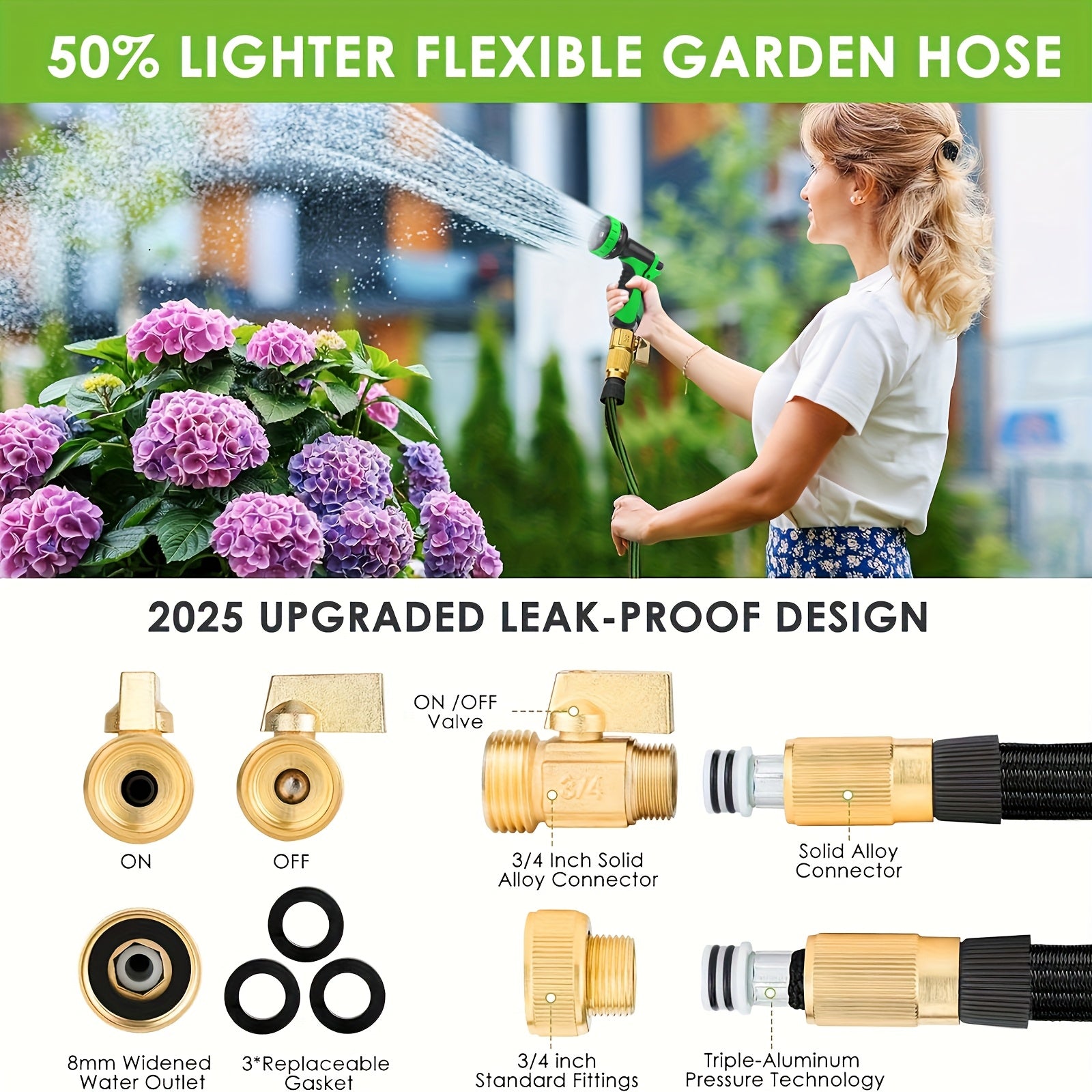 50 Foot Heavy-duty Garden Hose, American Standard Threaded 3/4 Inch Solid Brass Joint, Leak Proof Design, Anti Winding, Leak Proof Durable Rubber Material, Water Pipe Hook And Storage Bag, Suitable for Gardening, Cleaning, Forestry Use