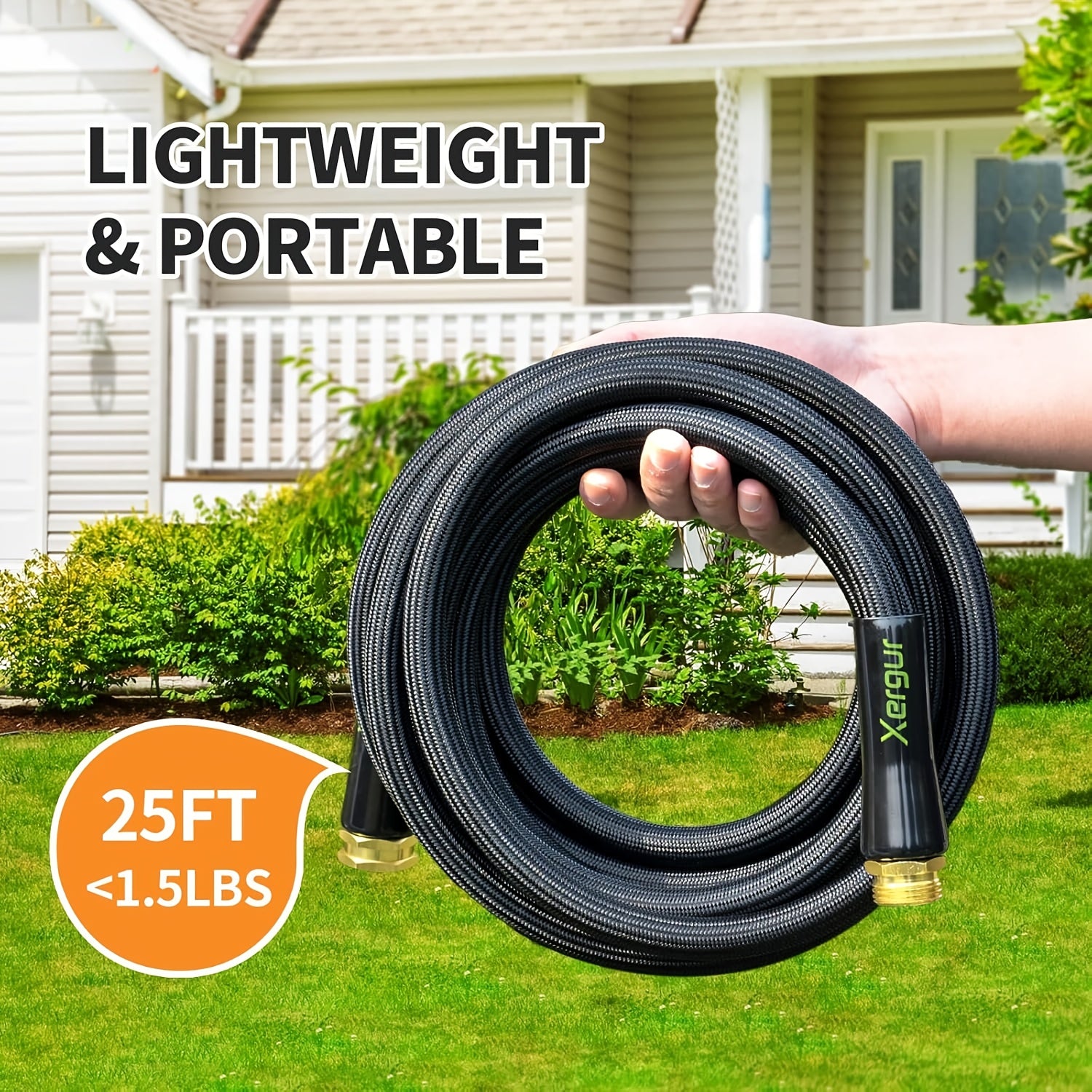 25ft Heavy-Duty Flexible Garden Hose with Solid Brass Fittings & Double Latex Core - Lightweight All-Season Outdoor Water Hose, 3/4" Diameter, UV-Resistant, Kink-Free, Portable Coilable Design for Patio, Car Washing, Pet Bathing, Lawn Care - US Standard
