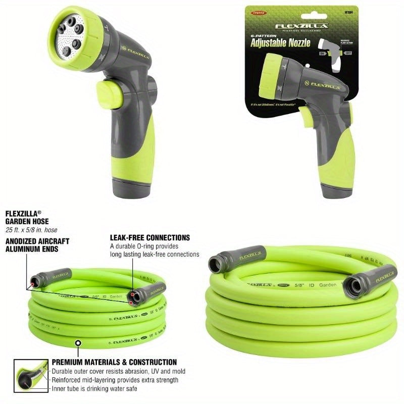 1 Pack Heavy Duty 58-Inch 25-Foot Garden Hose Kit with 6-Pattern Adjustable Nozzle - Lightweight, Drinking Safe, Leak-Proof US/EU Connectors, Durable Vinyl Construction for Lawn Care, Car Washing & Outdoor Cleaning - All-in-One 3pcs Nozzle Set (Flexible,
