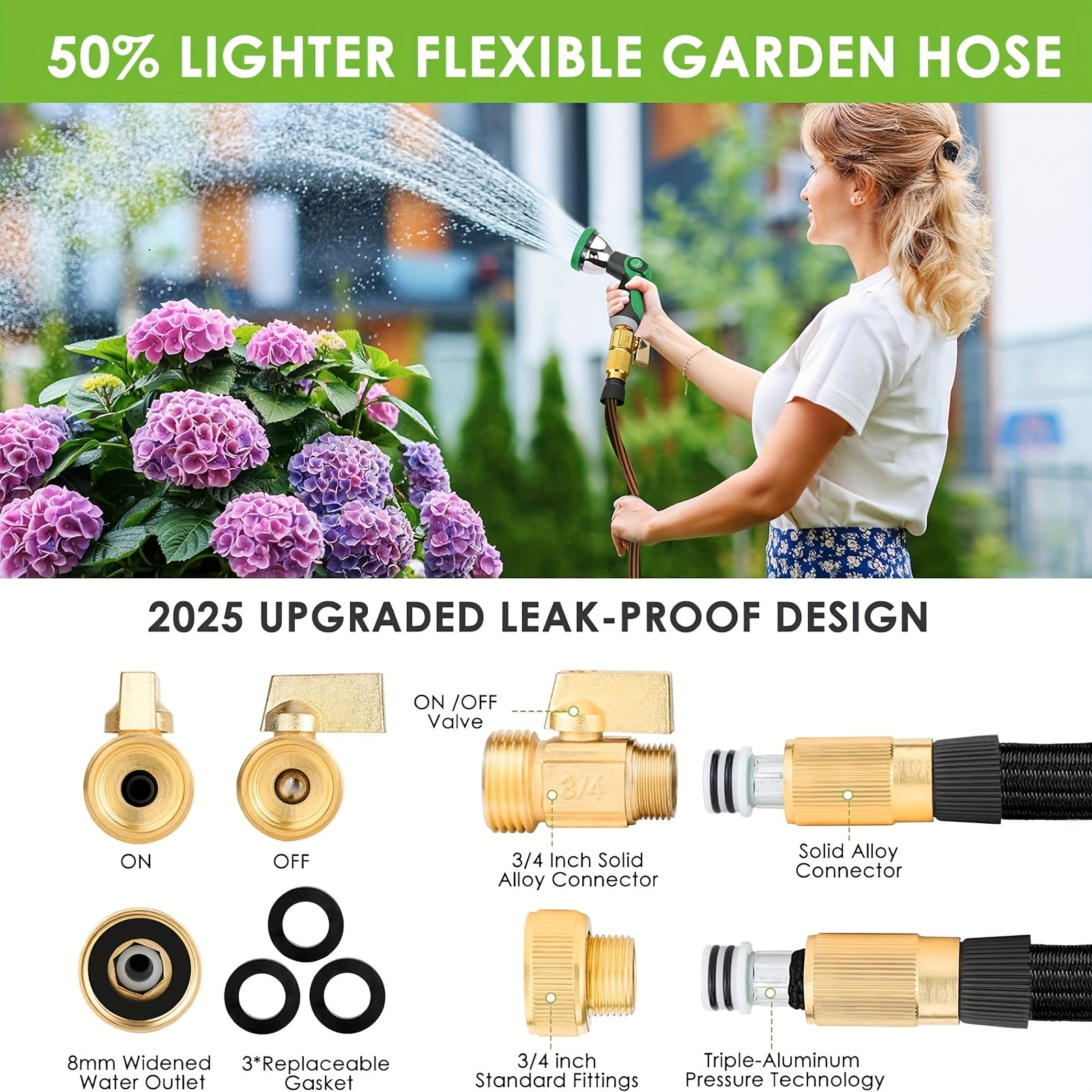 Heavy-Duty Non Expandable Garden Hose - Leakproof, with 3/4" Solid Brass Connectors, US Standard Threads, for Lawn, Farm, Construction, Car Washing - (25/50/75/100/150ft) - Durable Rubber Construction, Outdoor Cleaning, Sturdy Connectors, Reinforced