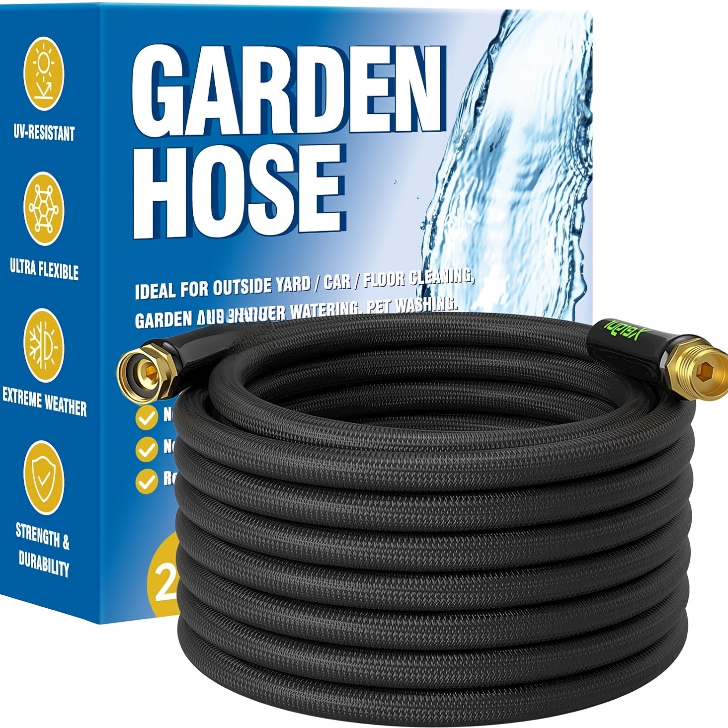 25ft Heavy-Duty Flexible Garden Hose with Solid Brass Fittings & Double Latex Core - Lightweight All-Season Outdoor Water Hose, 3/4" Diameter, UV-Resistant, Kink-Free, Portable Coilable Design for Patio, Car Washing, Pet Bathing, Lawn Care - US Standard