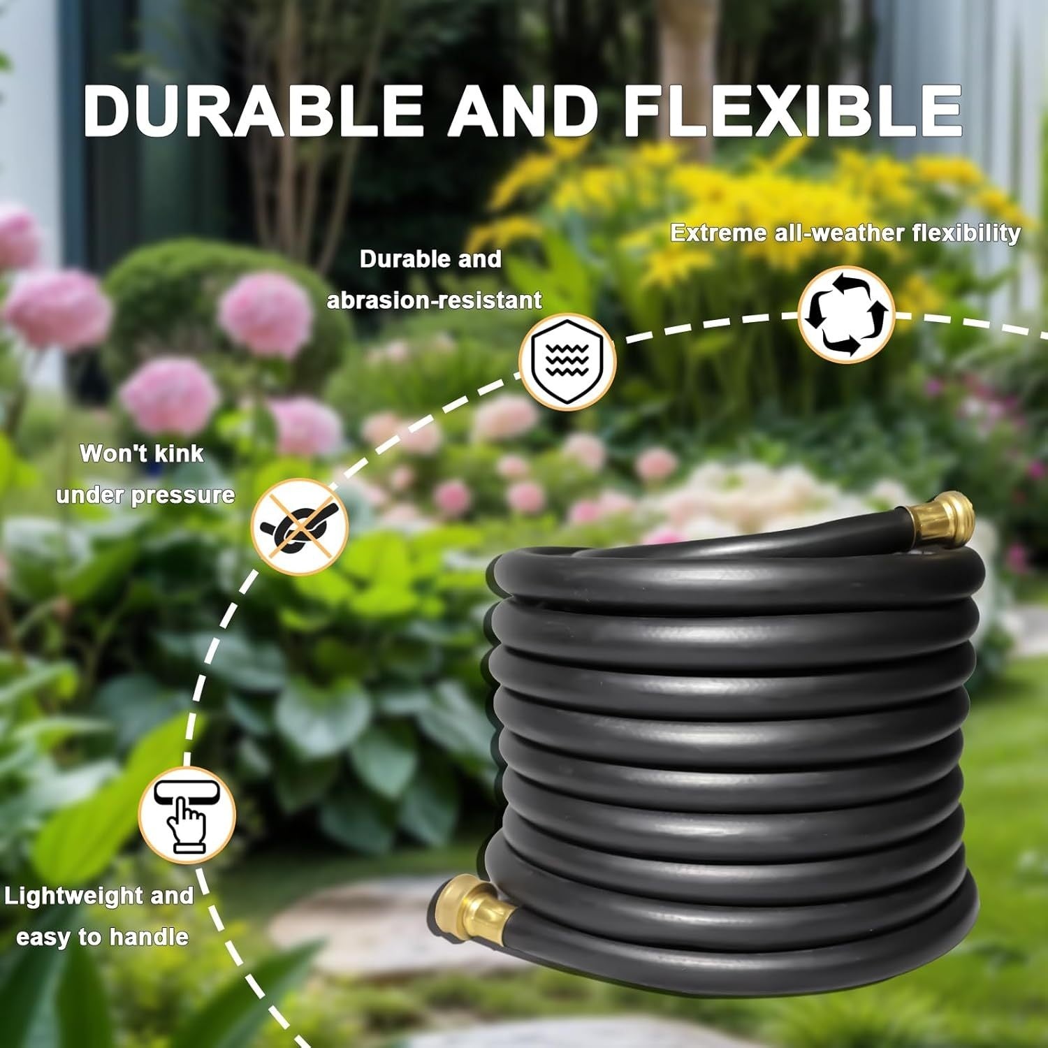 AAIN 100FT 5/8 Heavy Duty Flexible Durable Rubber Garden Hose With Brass Fittings Kink Free Leakproof For Gardening Agriculture Car Washing Black