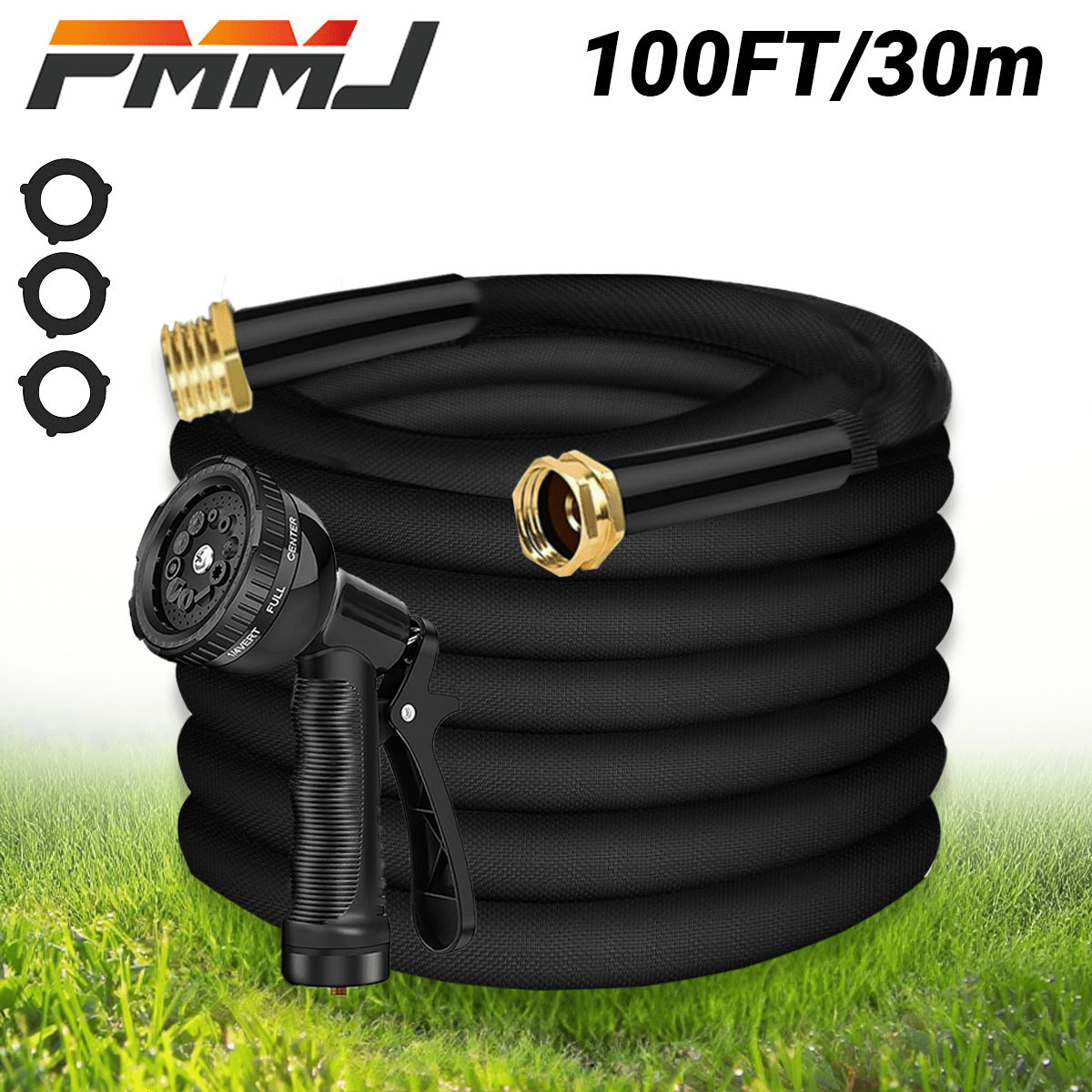 PMMJ 100foot Heavy Duty Garden Hose, Non-Extended, with High Pressure Sprinkler Fittings, Leak Proof Design, Durable Rubber Material, US Standard Thread- Ideal for Gardening, Cleaning, Forestry 100foot Kit